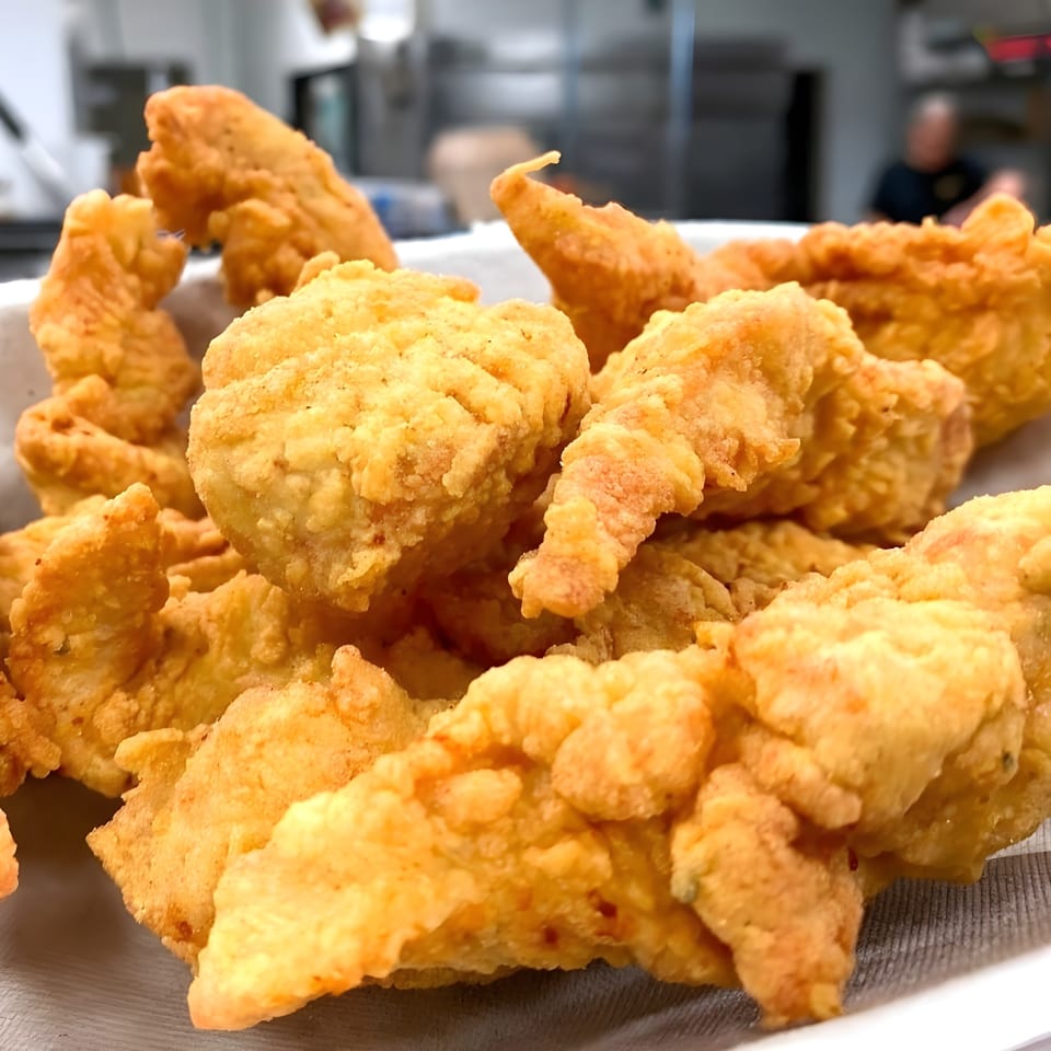 Close-up of golden-brown fried chicken tenders or fish pieces in a white basket.