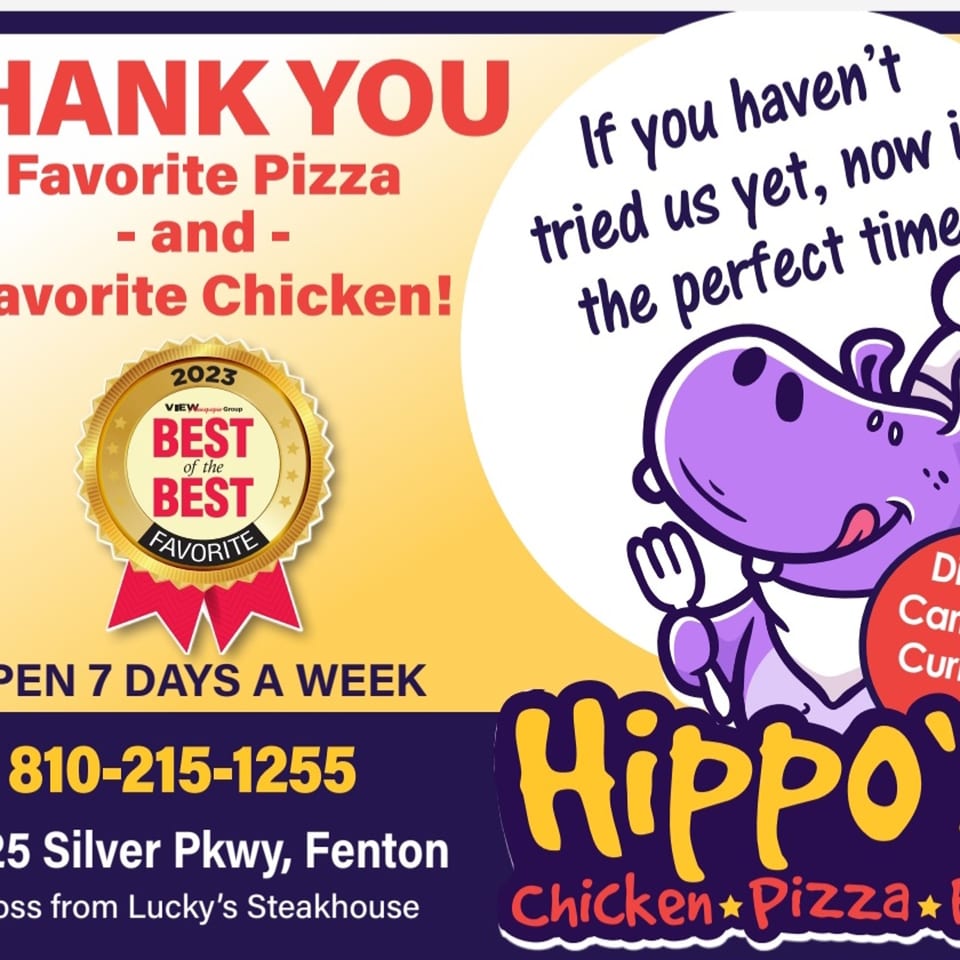 Hippo's Chicken, Pizza, Ribs & Fish advertisement with a purple hippo mascot and "Best of the Best" award.
